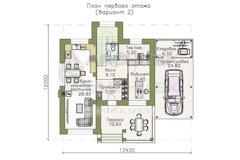 T-096-P Проект небольшого двухэтажного дома с гаражом-навесом и террасой 12×13.4