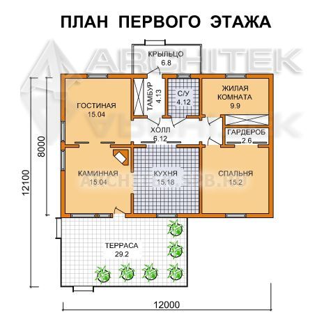 V-002-F проект маленького одноэтажного каркасного дома с террасой 8х12