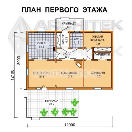 V-003-F проект маленького каркасного дома с террасой 8х12