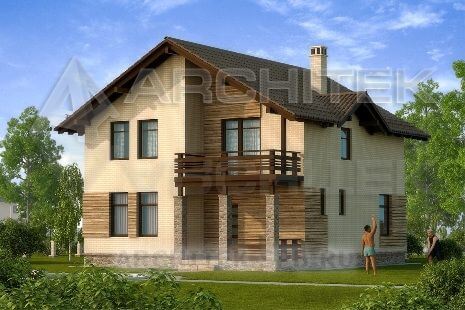 V-024-P проект экономичного коттеджа из пеноблоков с балконом, мансардой 10х10