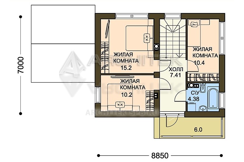 V-051-5P проект маленького дома из газобетона с мансардой, балконом, террасой 7х8.85