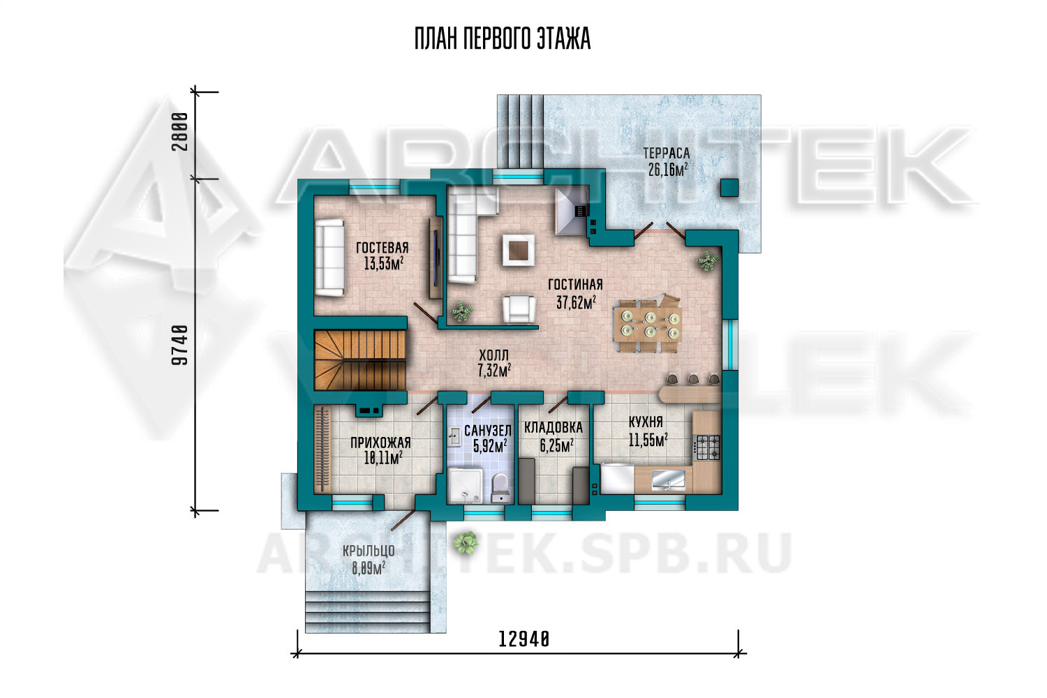 VR-009-P проект дома из газобетона с мансардой, цокольным этажом и террасой 16.1×17.12