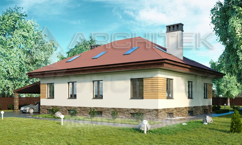VR-010-P/1 проект дома из газобетона с цокольным этажом, мансардой, гаражом-навесом, террасой