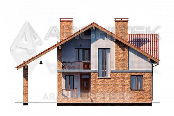 VR-020-P/1 проект дома из газобетона с мансардой, гаражом-навесом, балконом и террасой