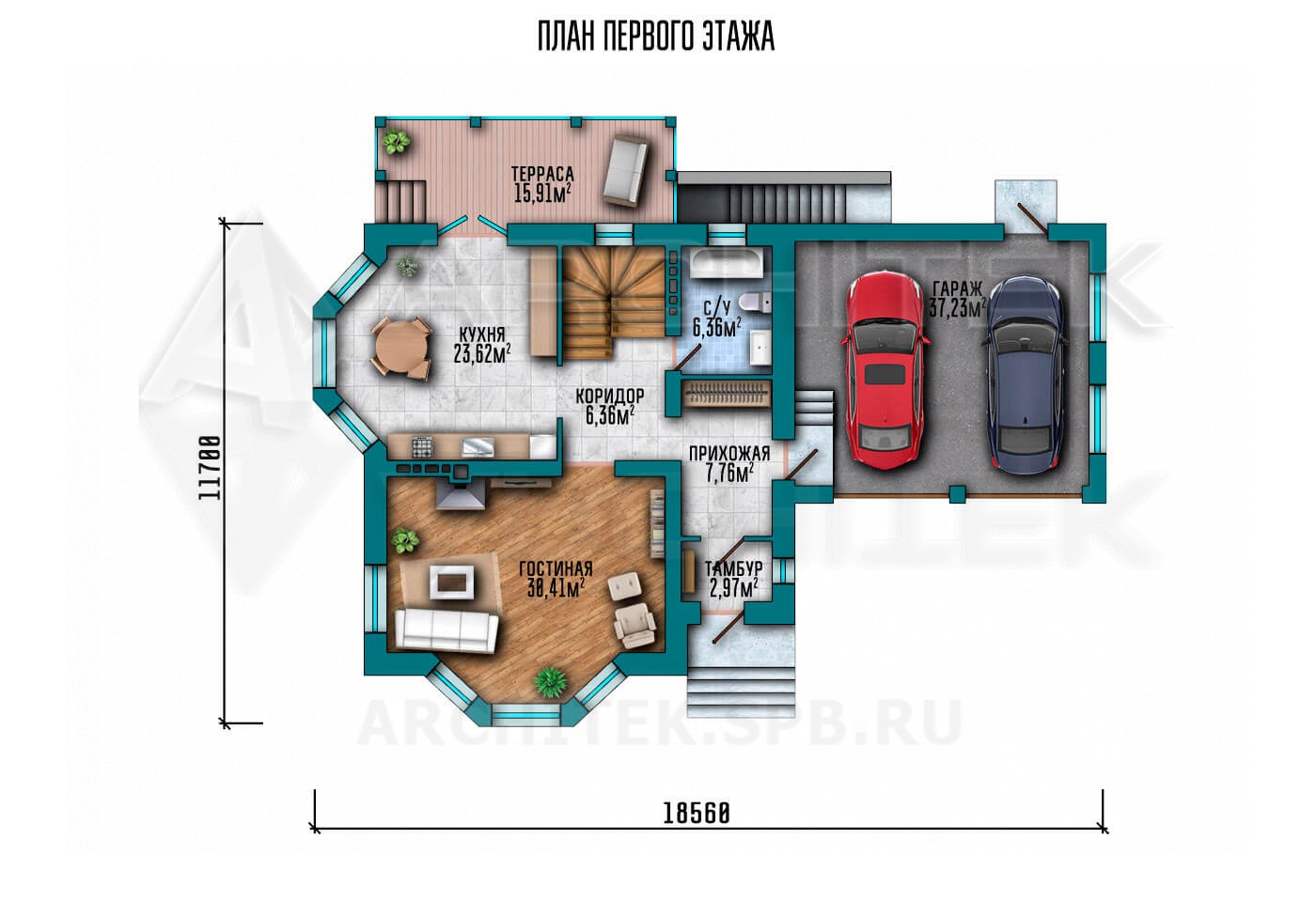 VR-044-P/1 проект дома из газобетона с мансардой, гаражом на 2 авто, цокольным этажом, балконом, эркером и террасой
