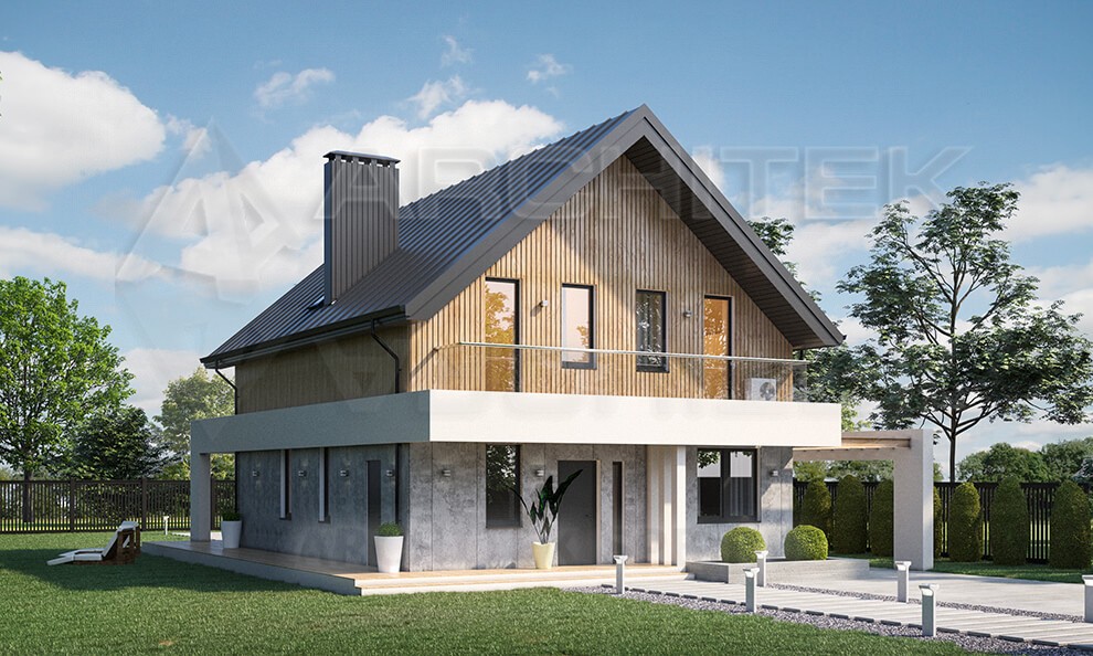 VR-051-P проект современного дома из газобетона 10.4×14 с мансардой, балконом и террасой