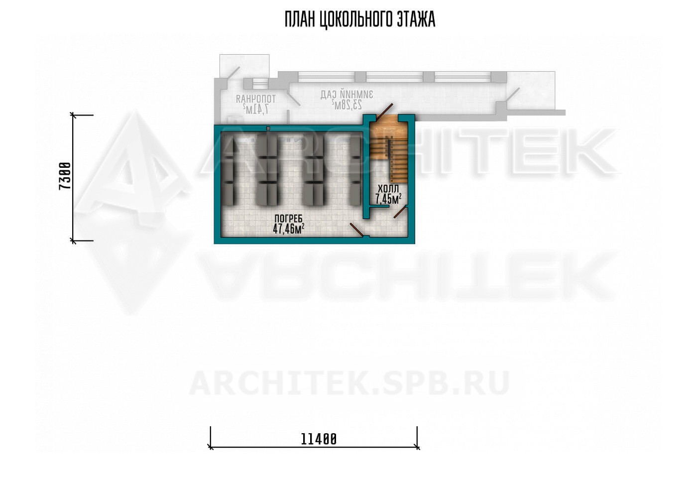 VR-054-K/1 проект кирпичного дома с цокольным этажом, бассейном, сауной, балконом и террасой 26.2×19.4