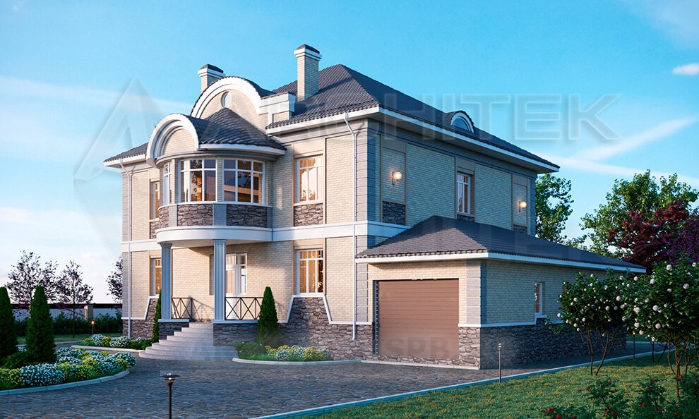 VR-055-P проект красивого дома из газобетона 22.96×19.17 с мансардой, подвалом, гаражом, эркером, балконом, террасой