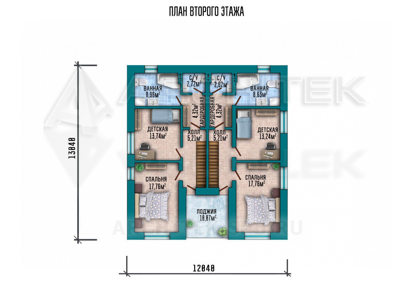 VR-057-P/1 проект двухэтажного дома из газобетона с балконом и террасой 12.04×15.42