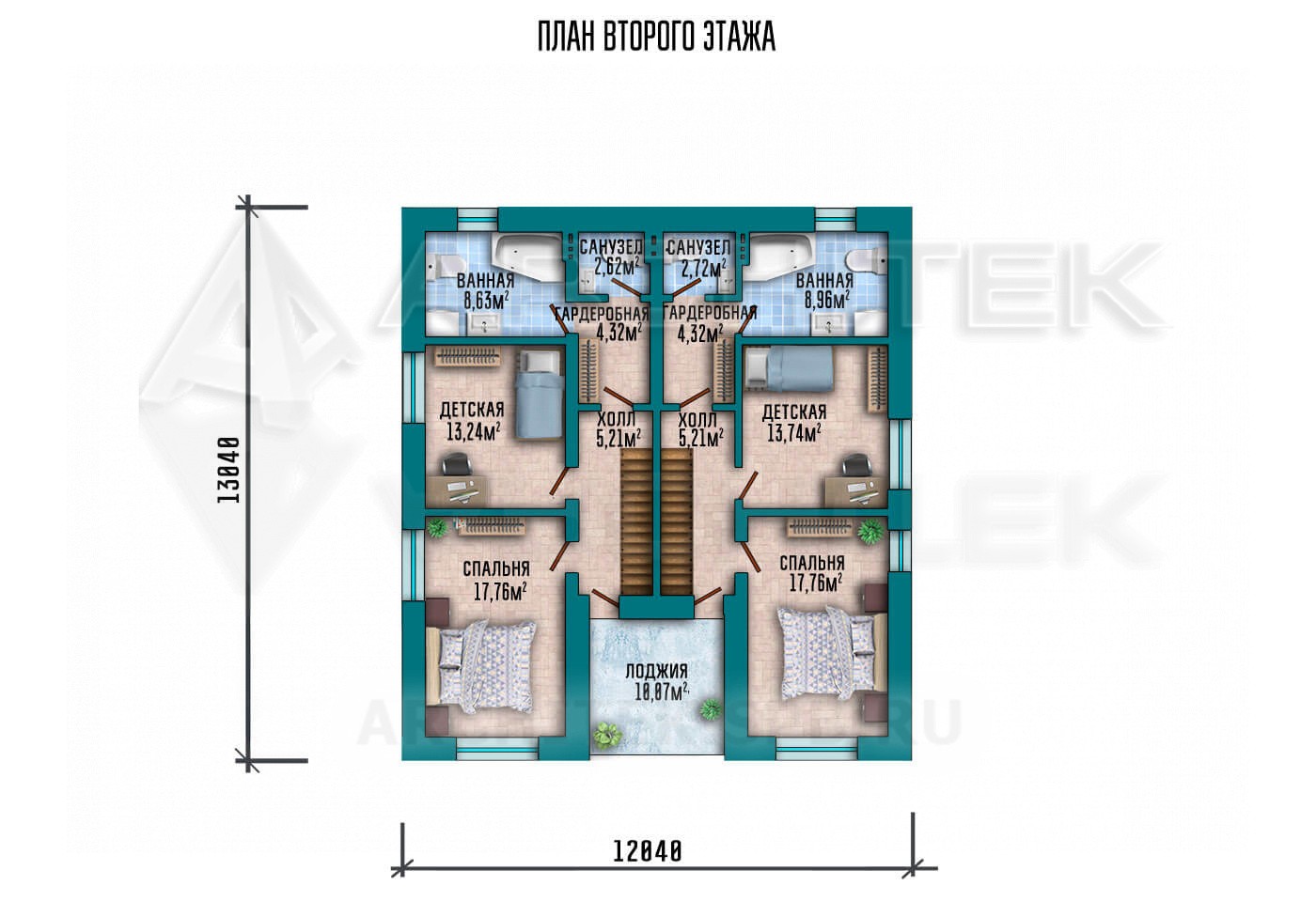 VR-057-P проект двухэтажного дома 12.04×15.42 из газобетона с террасой и балконом