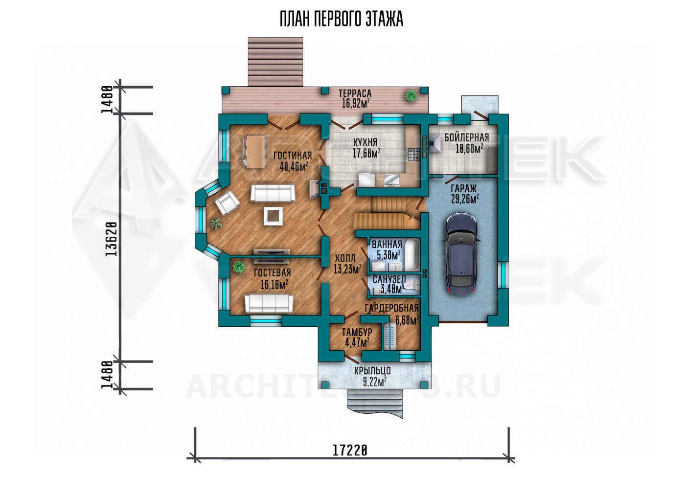 VR-059-P/1 проект 2ух-этажного дома из газобетона с гаражом, террасой и балконом 17.22×16.58