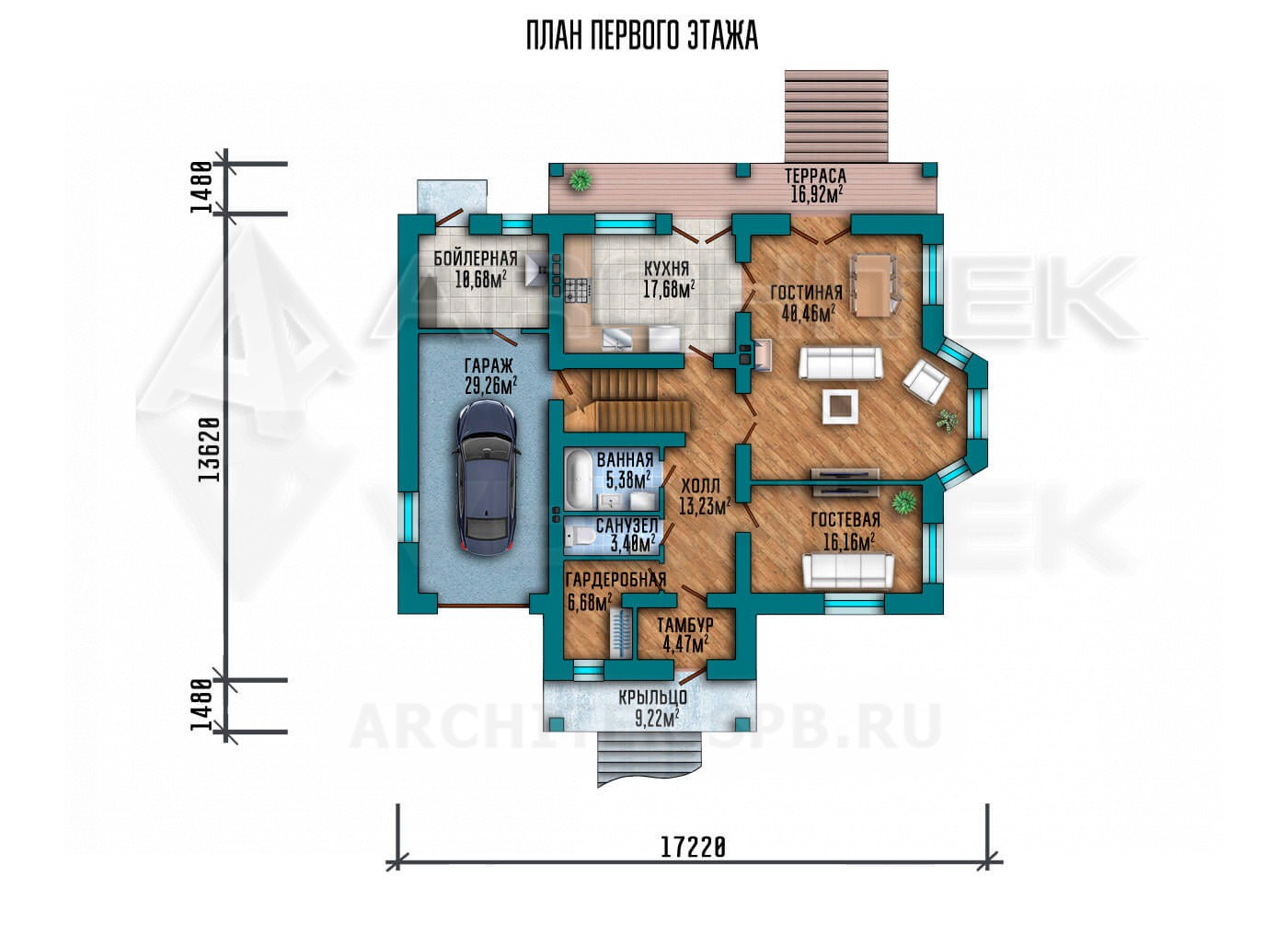 VR-059-P проект двухэтажного коттеджа из газобетона 17.22×16.58 с гаражом, балконом и террасой