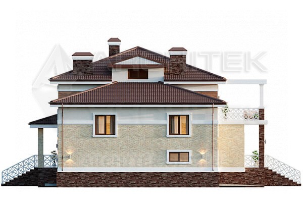 VR-059-P проект двухэтажного коттеджа из газобетона 17.22×16.58 с гаражом, балконом и террасой