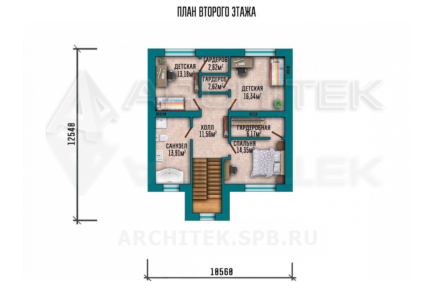 VR-064-P/1 проект двухэтажного дома из газобетонных блоков с террасой и гаражом 16.7×14.04
