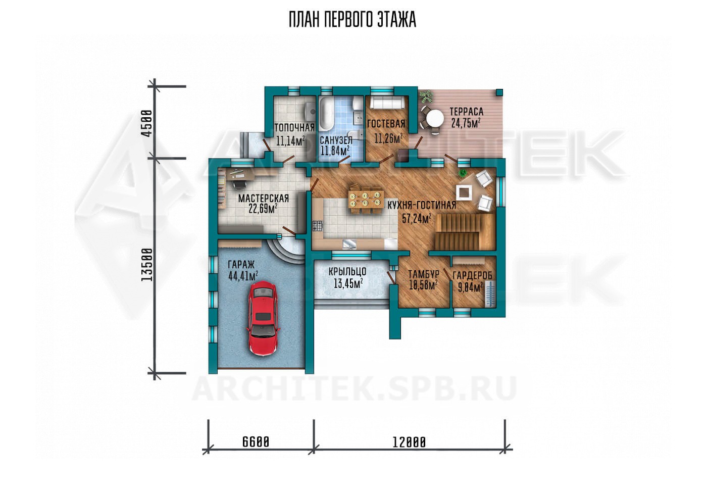VR-069-P проект двухэтажного дома из газобетона с мансардой, гаражом, вторым светом и террасой 18.6×18