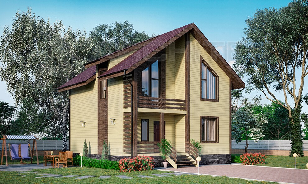 VR-072-P проект загородного дома из газобетона 8×9 с мансардой и балконом
