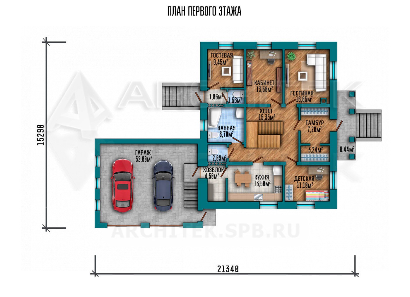 VR-084-P/1 проект двухэтажного дома из газобетона с подвалом и гаражом на 2 авто