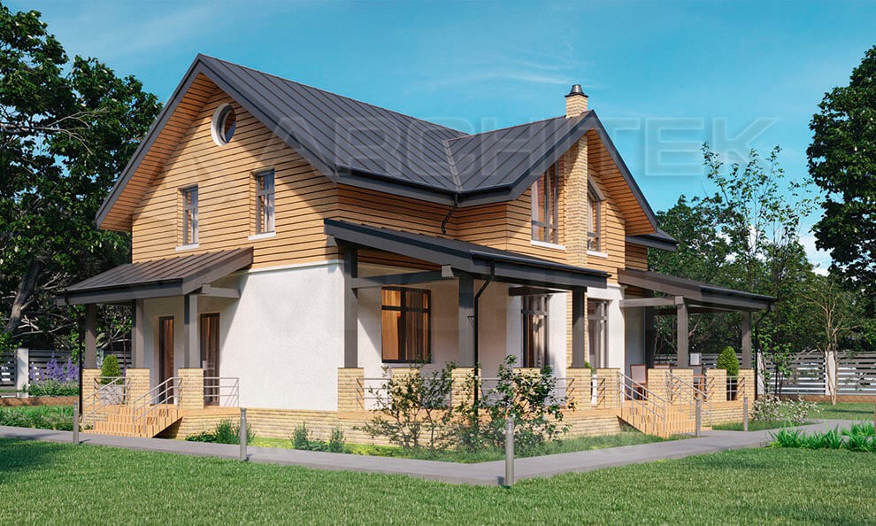 VR-085-P/1 готовый проект загородного дома из газобетона с мансардой и террасой 14.63×12.45