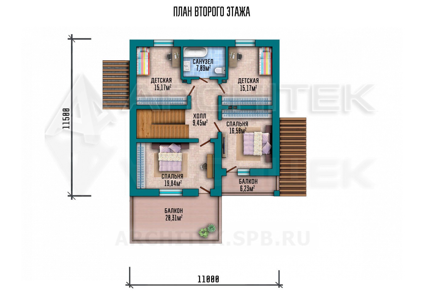 VR-087-P/1 проект современного коттеджа из газобетона 15×15 с мансардой, балконом, террасой