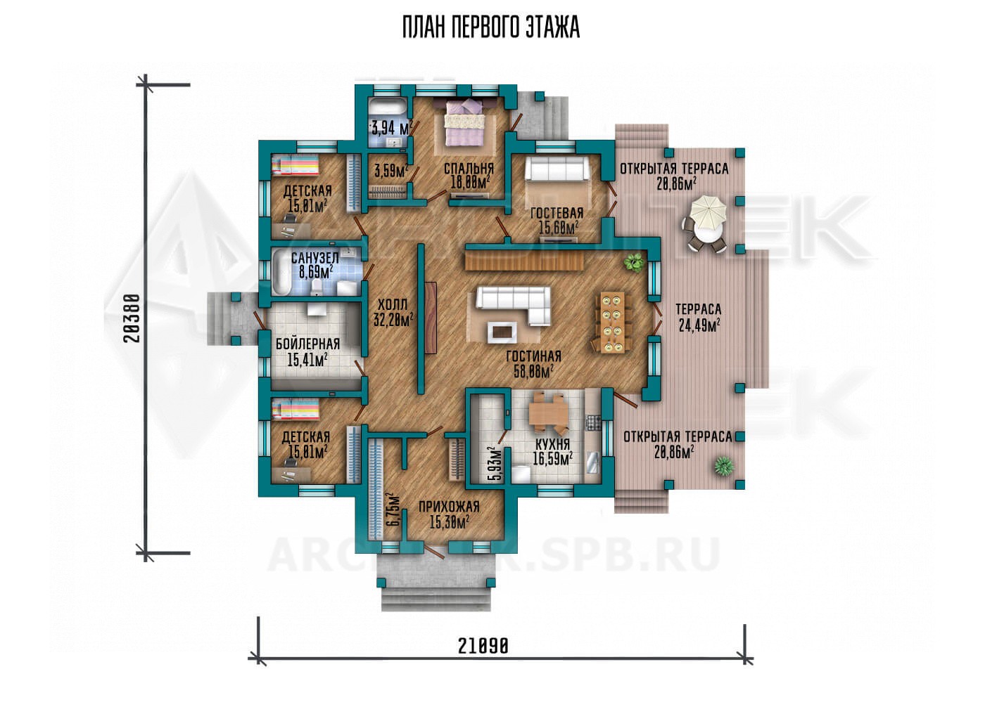 VR-091-P/1 проект загородного дома из газобетона 21×20.38 с мансардой, террасой и вторым светом