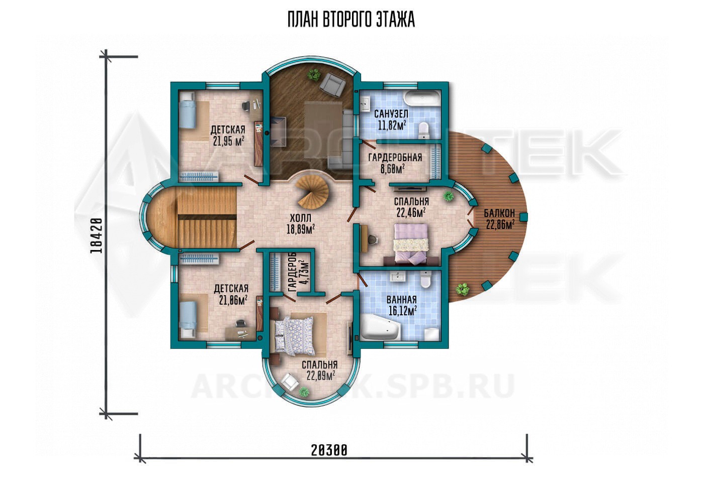 VR-099-P/1 проект дома из газобетона с верандой, балконом, вторым светом и эркером 20.31×18.9