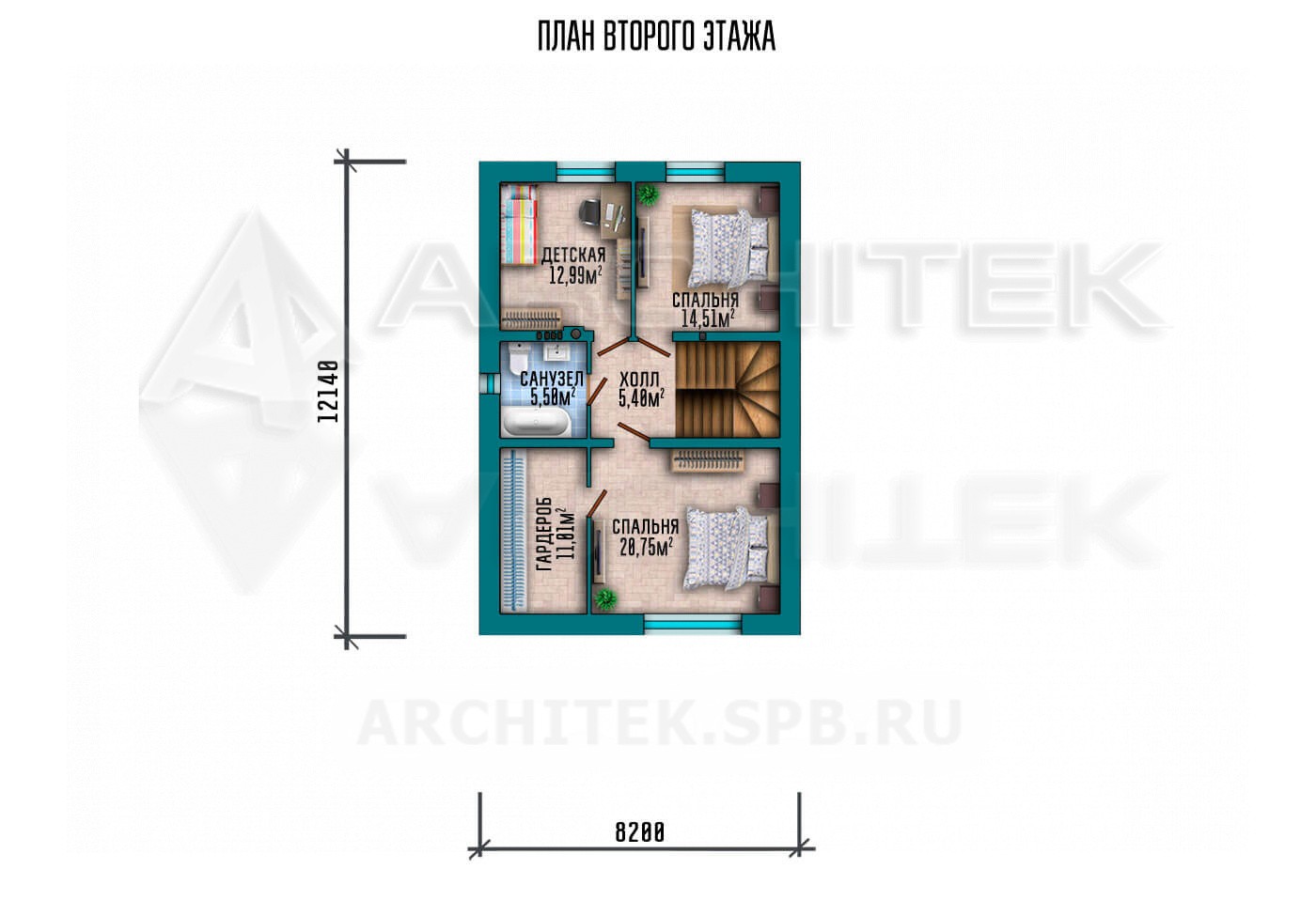 VR-104-P/1 проект загородного двухэтажного дома из газобетона с террасой 8.2×16.57