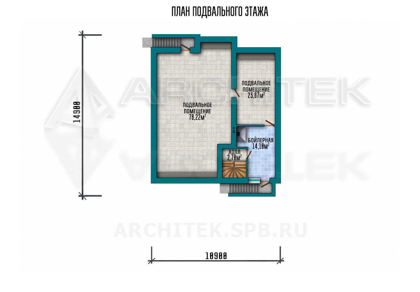VR-116-P проект одноэтажного дома из пеноблоков 18.95×17.9 с подвалом, гаражом-навесом и террасой