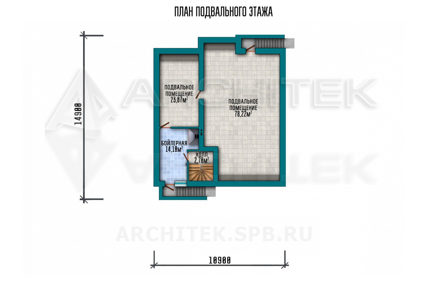 VR-129-P/1 проект одноэтажного дома из пеноблоков 18.95×17.9 с подвалом, террасой и гаражом-навесом