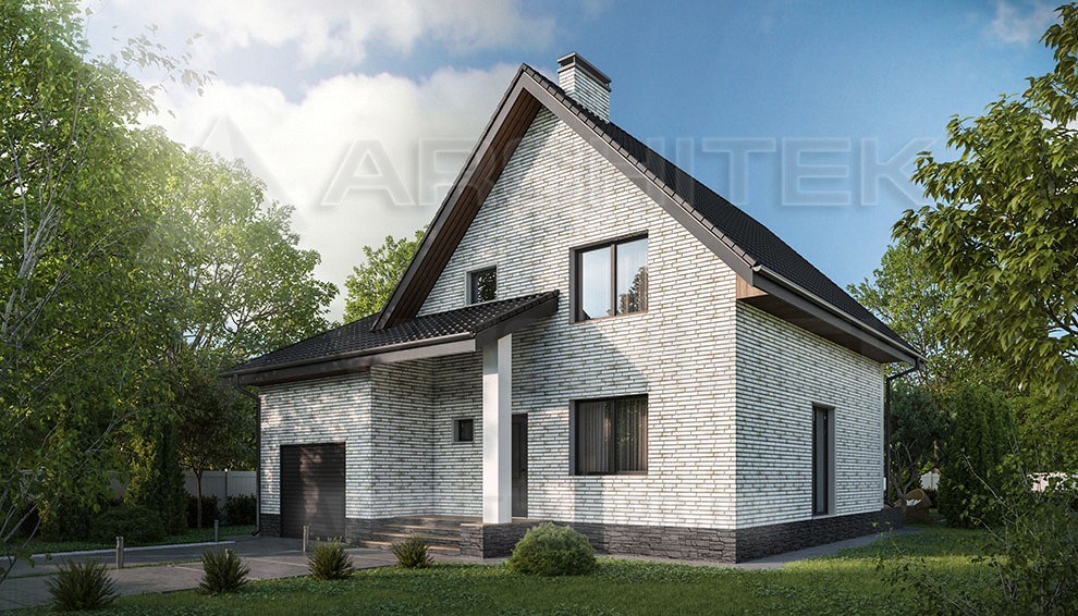 VR-130-P/1 проект загородного дома из газобетона с мансардой, гаражом на 2 авто, балконом, террасой
