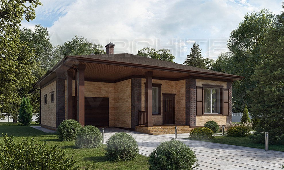 VR-153-P/1 Проект загородного одноэтажного дома из пеноблоков с террасой и гаражом 12×15.7