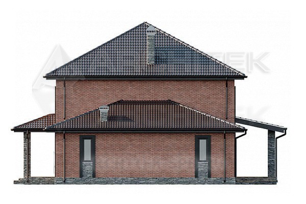 VR-155-P/1 готовый проект двухэтажного коттеджа 13.8×15.8 из пеноблоков с террасой и гаражом