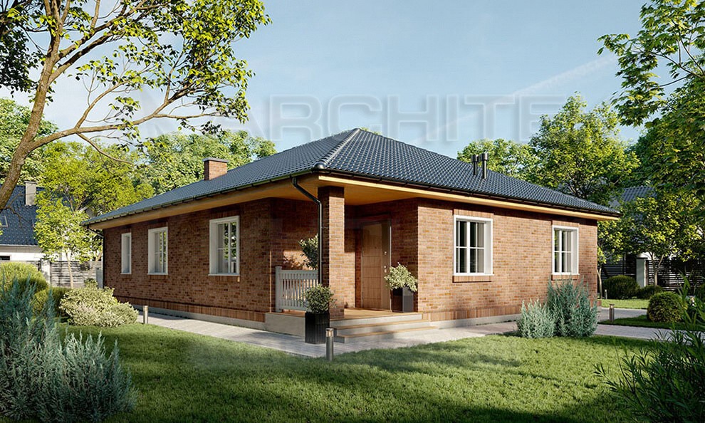 VR-201-P/1 готовый проект одноэтажного коттеджа 14.34×17.9 из газобетонных блоков с террасой и сауной