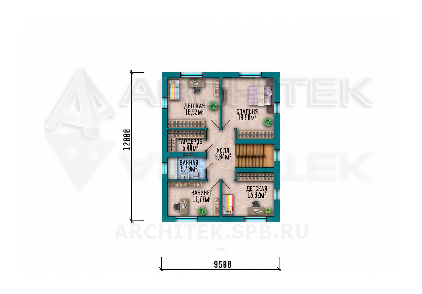 VR-214-P/1 проект 2-этажного дома из газобетонных блоков с террасой 9.5×15