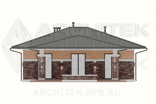 VR-282-P/1 проект одноэтажного загородного коттеджа 12.55×18.3 из пеноблоков с террасой
