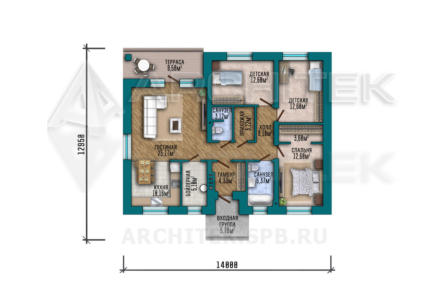VR-295-P проект 1-этажного коттеджа из газобетона 14×13 с террасой