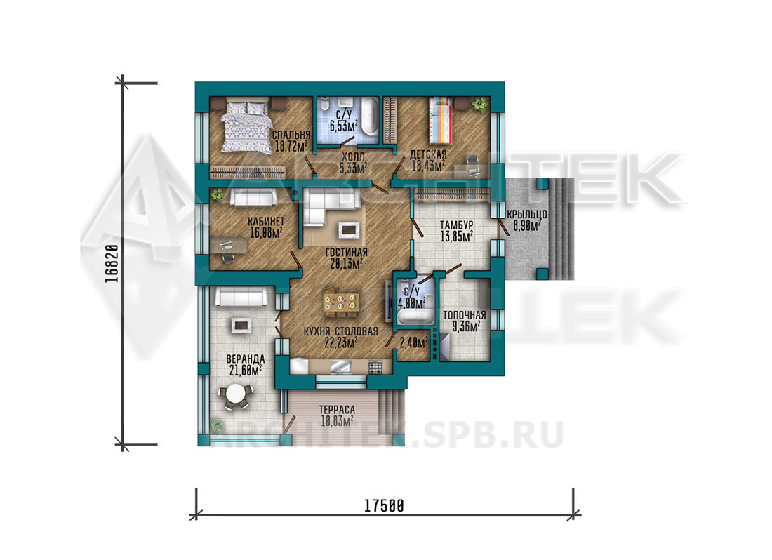 VR-297-P/1 Проект одноэтажного дома из пеноблоков с верандой и террасой 17.5х17