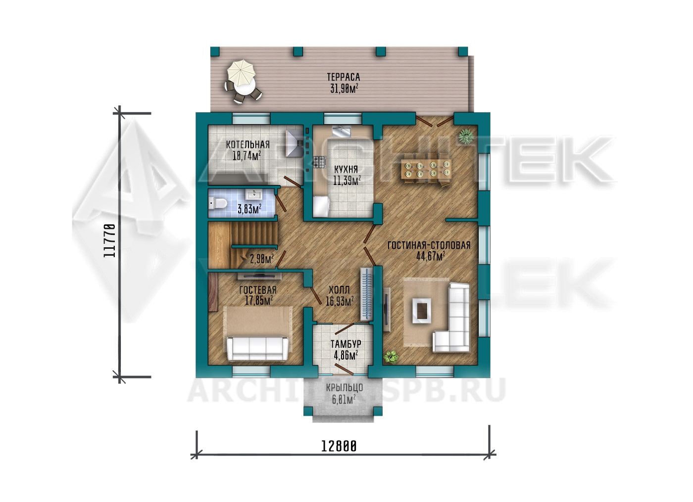 VR-317-P/1 Проект простого двухэтажного дома из газобетона с террасой и 5 спальнями 11.8х12.8