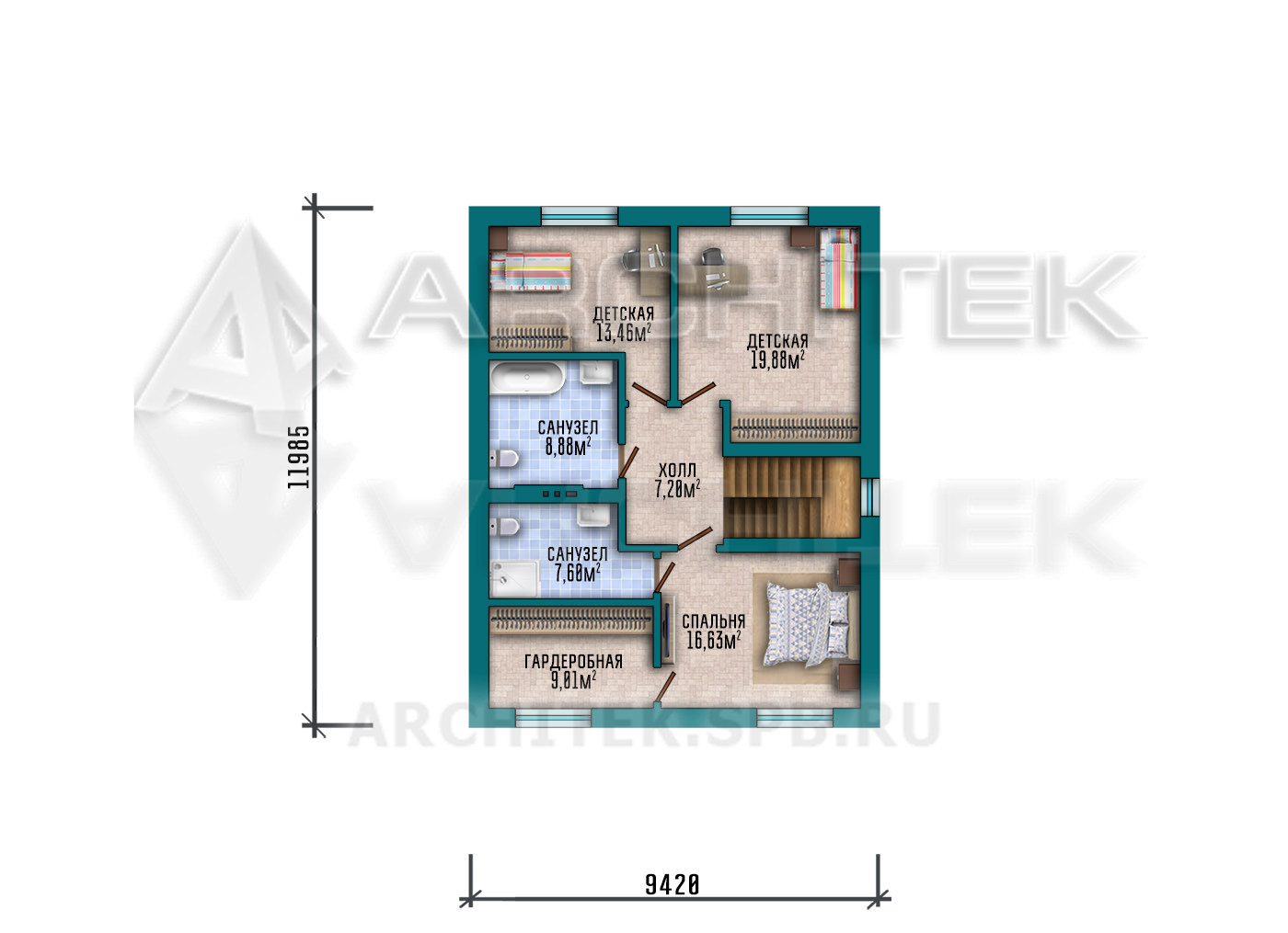 VR-327-P/1 Проект простого 2х-этажного дома из пеноблоков с 4 спальнями и террасой 9.4х16.7