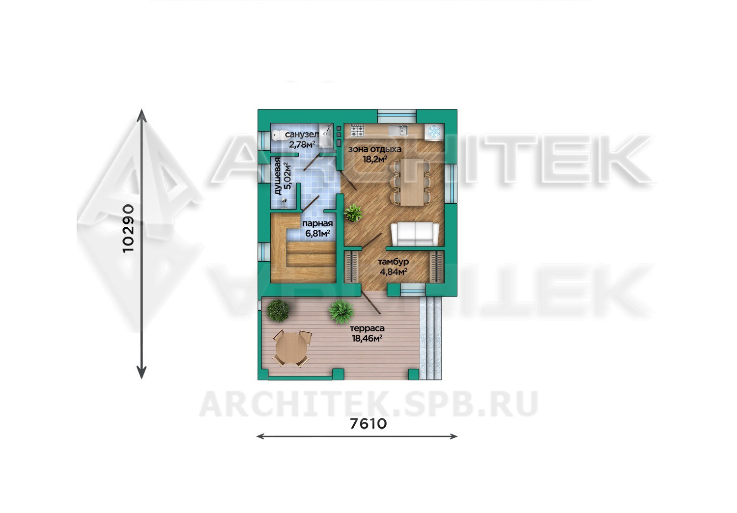 VR-389-P/1 Проект бани из кирпича с комнатой отдыха и террасой  7.6х10
