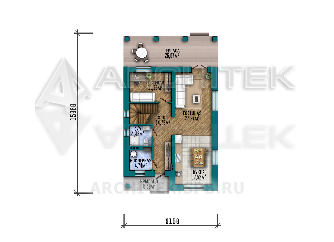 VR-423-P/1 Проект 2х-этажного дома из газобетона с балконом и террасой 9.15х15.6