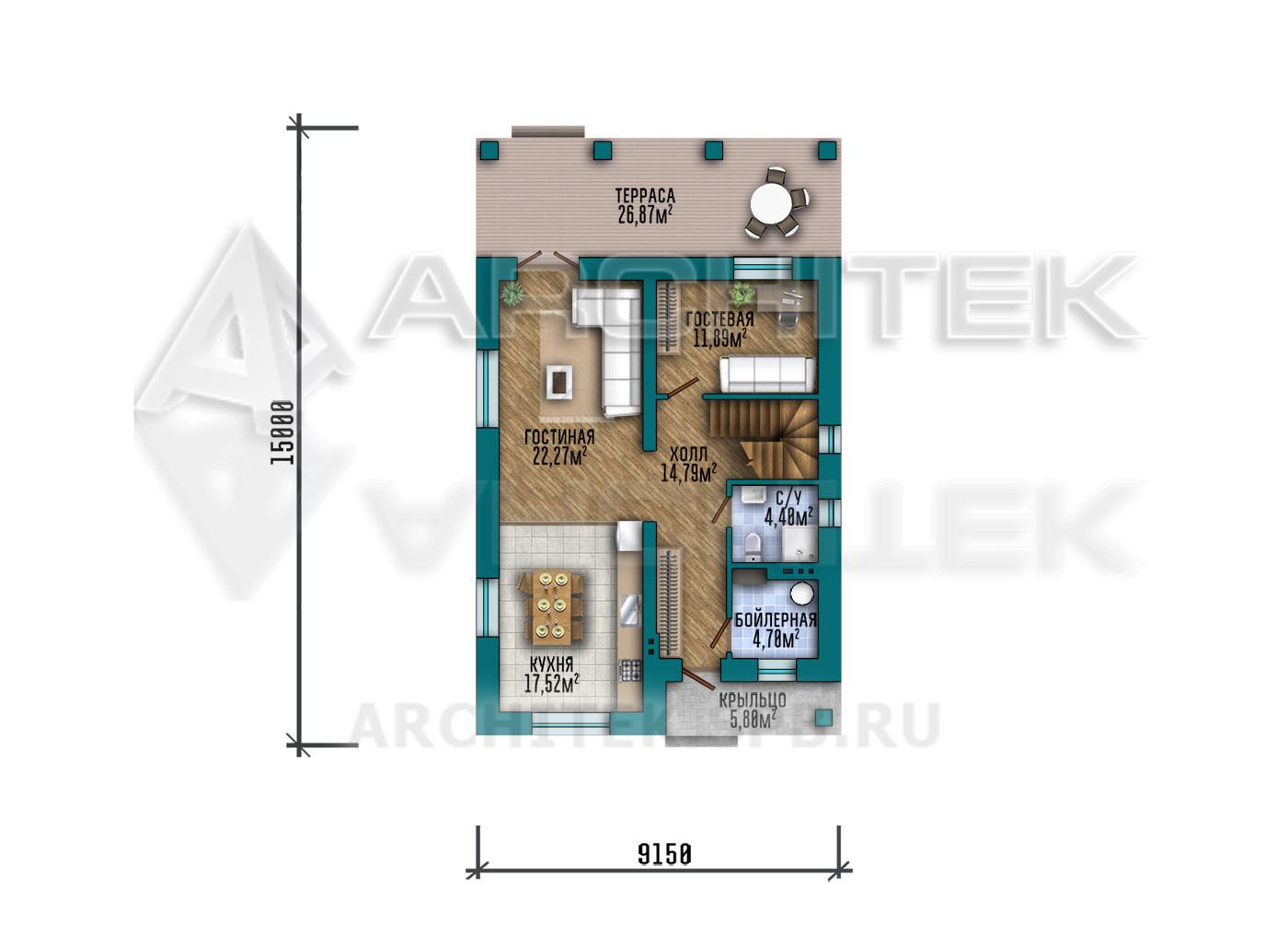 VR-423-P Проект двухэтажного дома из газобетонных блоков с балконом и террасой 9.2×13.15