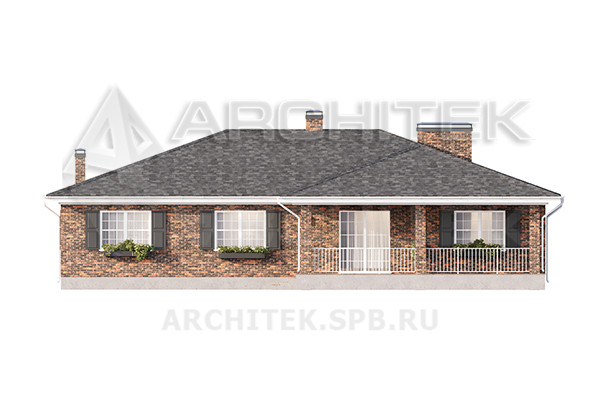 VR-426-P/1 Проект 1-этажного дома 17.35×16.65 из пеноблоков с гаражом и большой террасой
