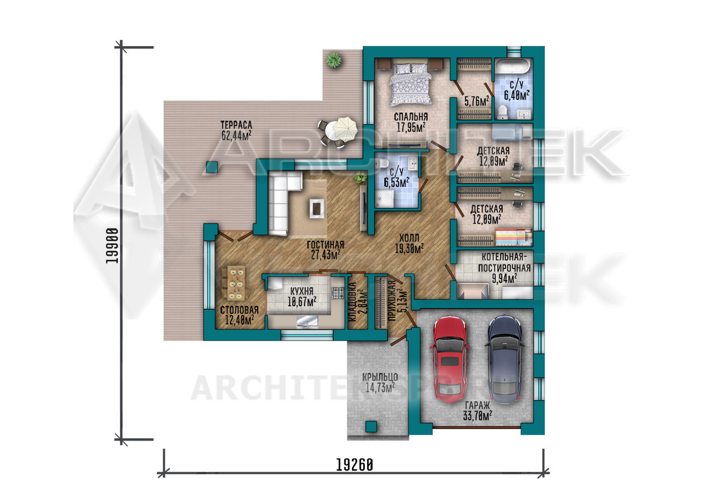 VR-429-P Проект одноэтажного дома из газобетона с гаражом на 2 автомобиля и большой террасой 19х20