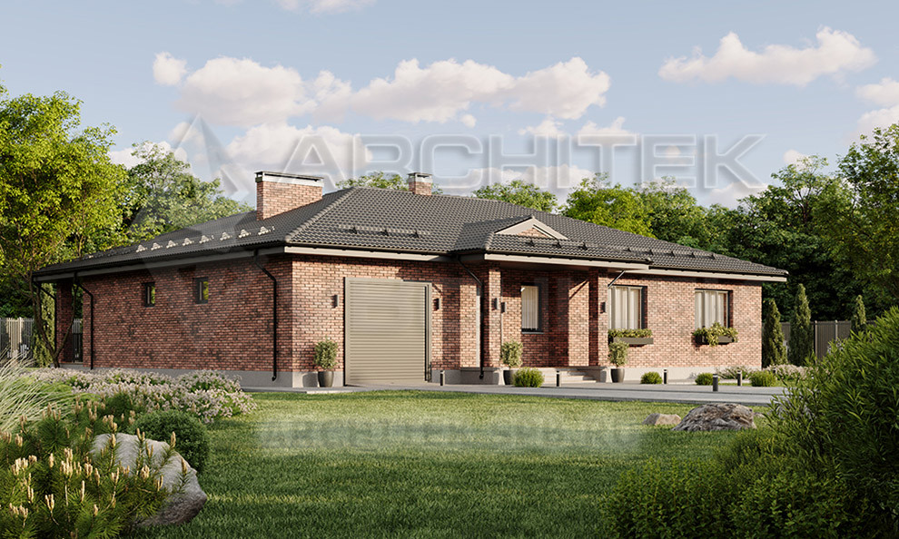 VR-434-P/1 Проект одноэтажного коттеджа 17.35×16.65 из газобетона с гаражом и большой террасой