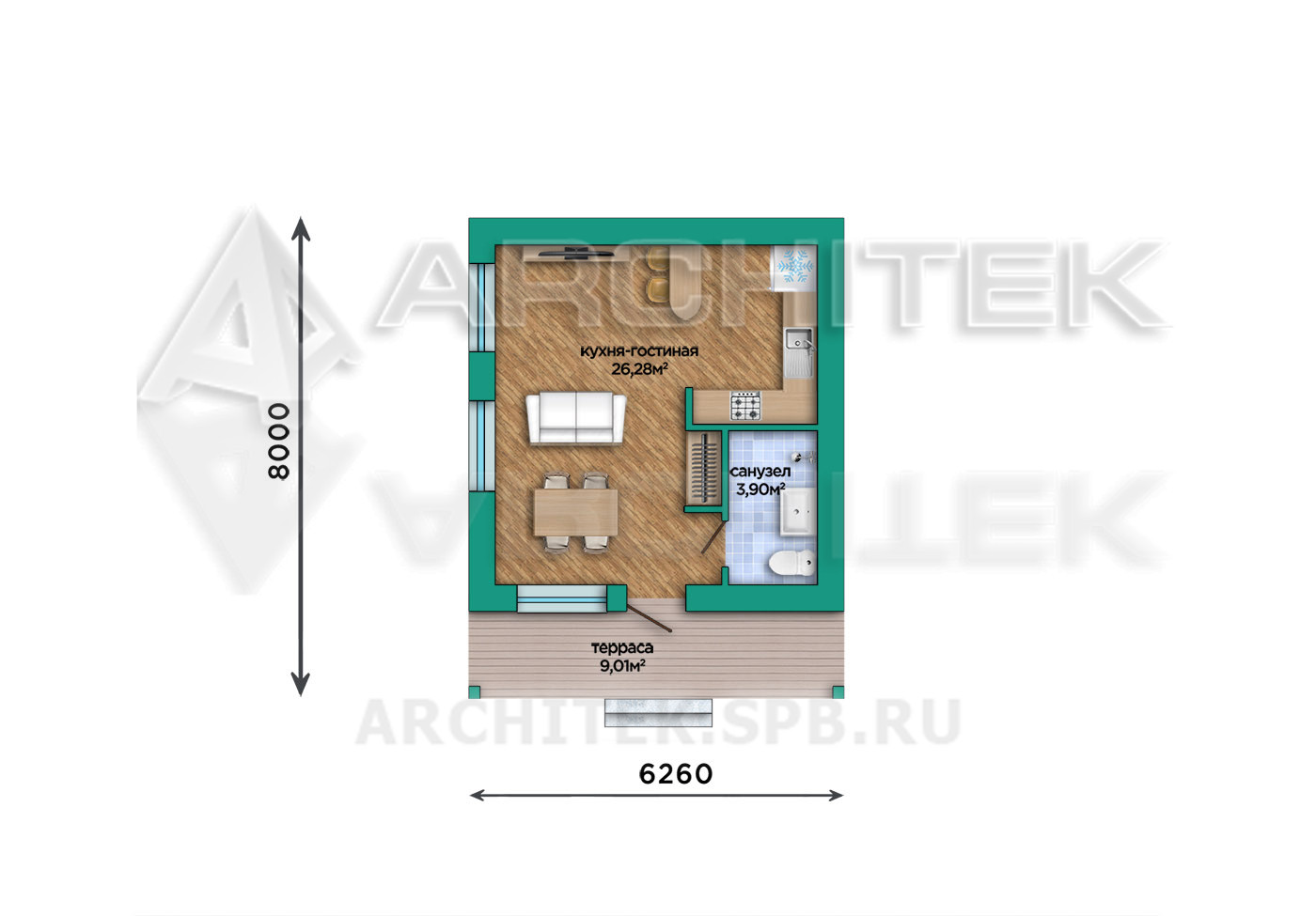 VR-444-P Проект маленького гостевого дома с террасой 6х8