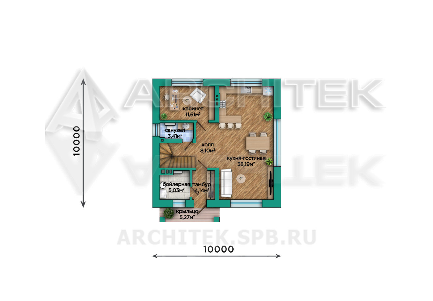 VR-448-P/1 Проект простого коттеджа из газобетонных блоков с мансардой 10х11