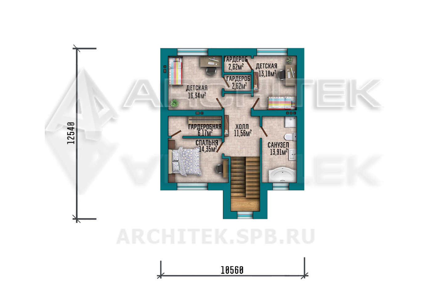 VR-457-P Проект двухэтажного дома из пеноблоков с гаражом и большой террасой 16.7×14