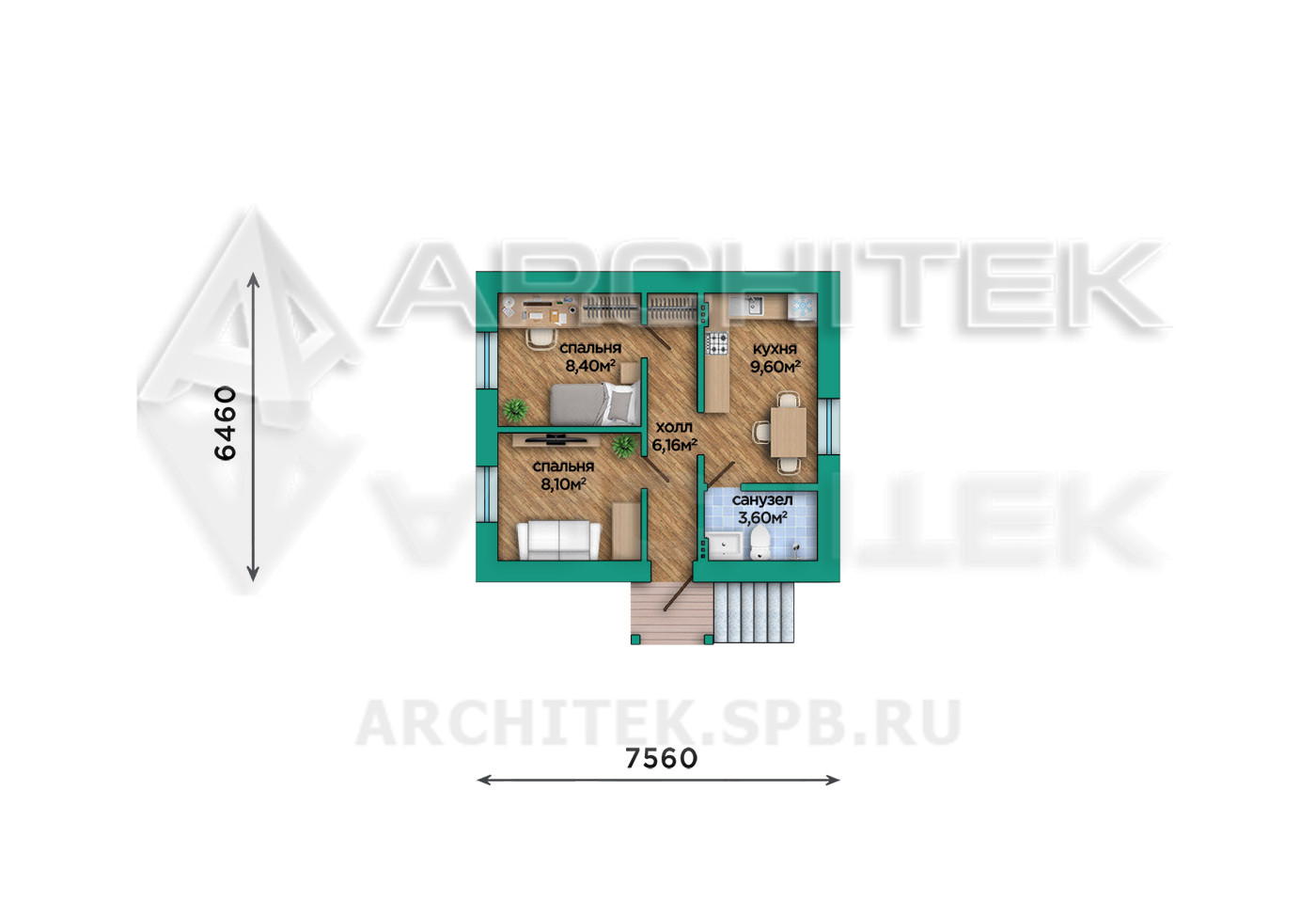 VR-470-P Проект маленького дома 38 м² из газобетона 7.5х7.7