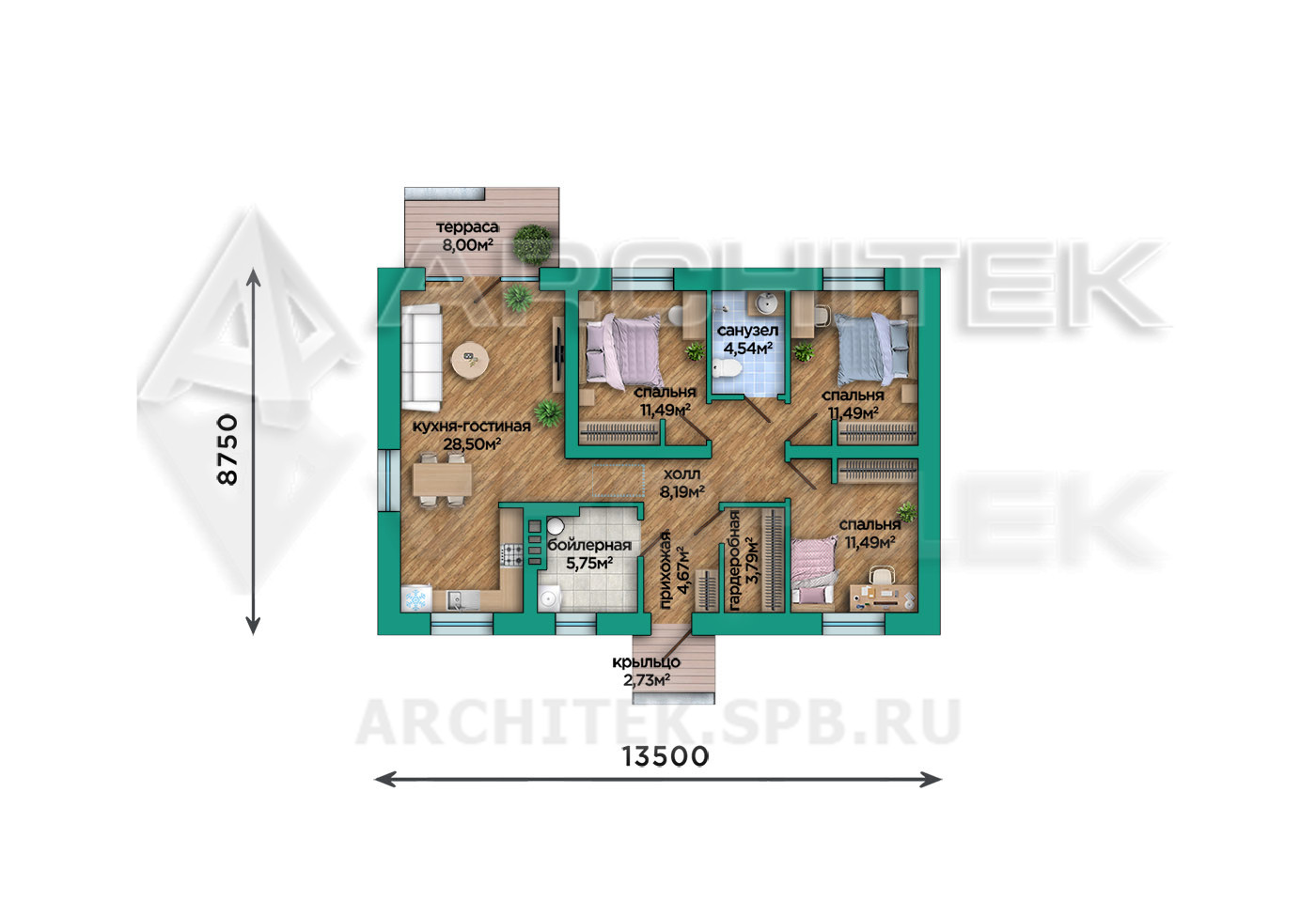 VR-471-P/1 Проект одноэтажного дома 90 м² из газобетона 13.5х8.75