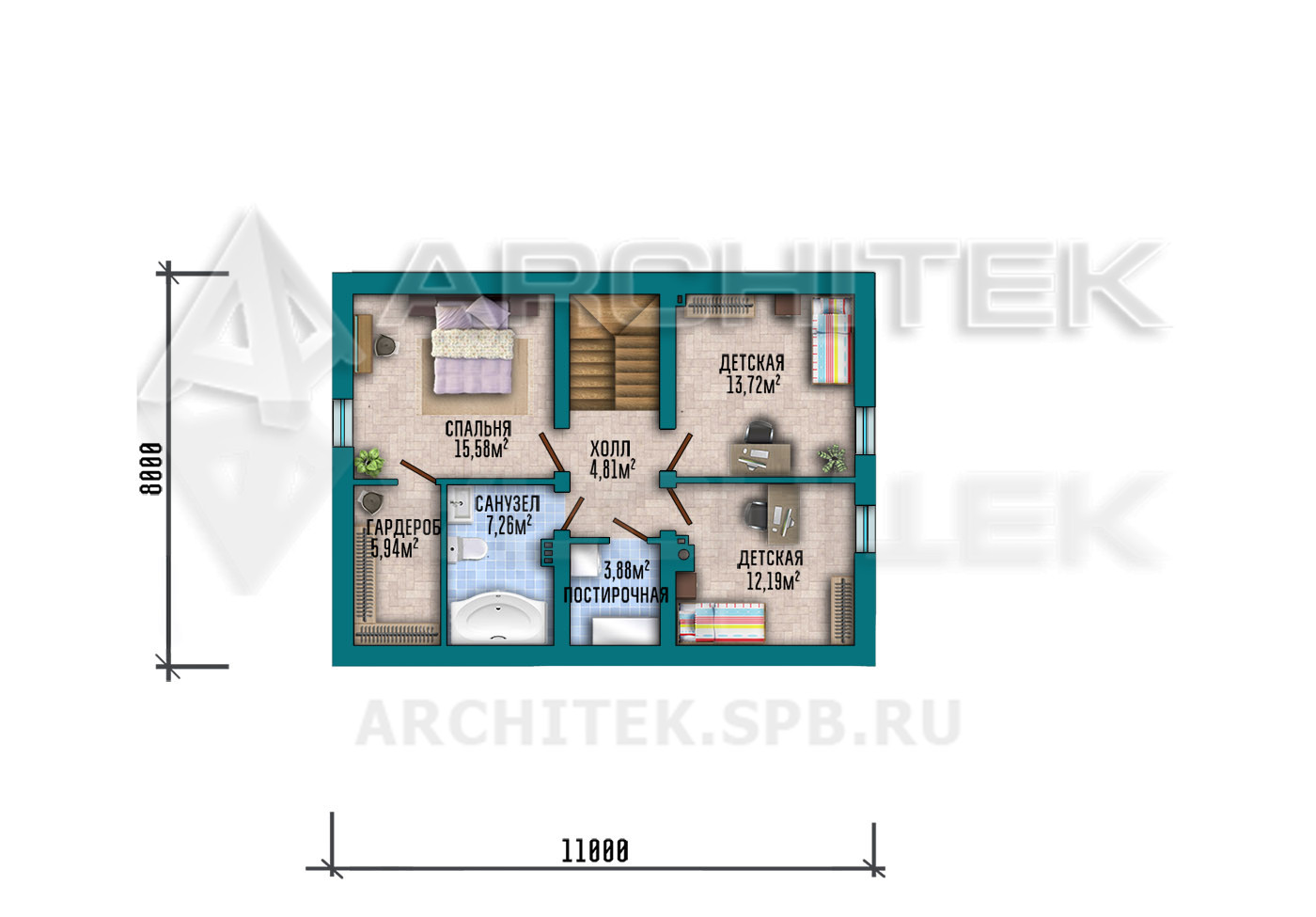 VR-478-P/1 Проект современного дома в стиле барнхаус из пеноблоков с мансардой, террасой, навесом для авто15.8×11